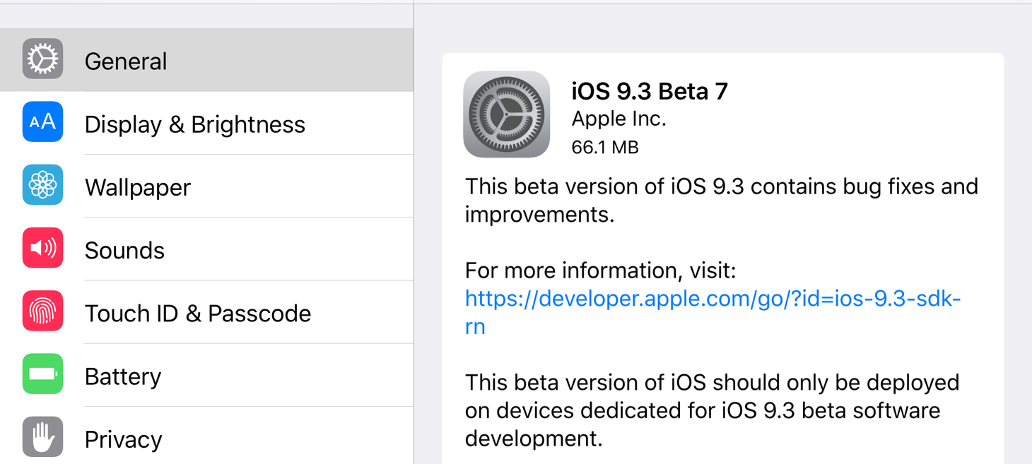 Apple releases iOS 9.3 beta 7