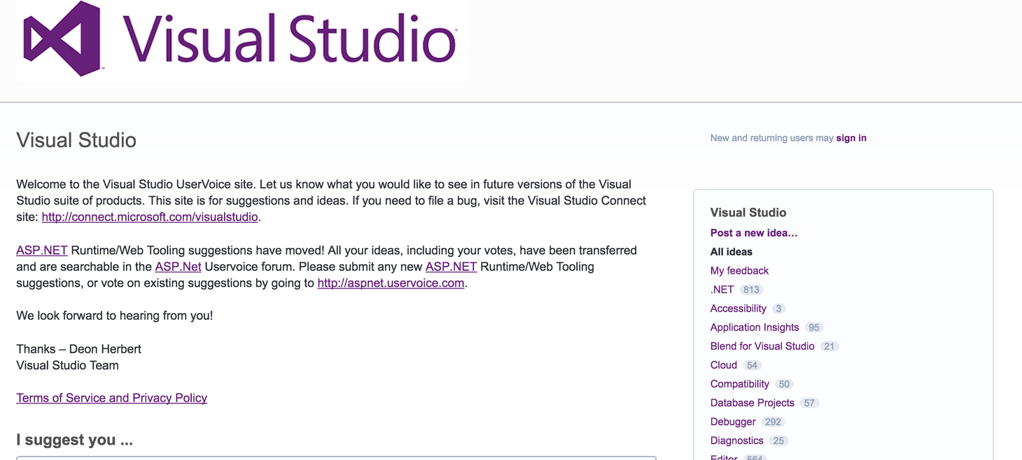Visual Studio UserVoice – Customer Feedback for Microsoft