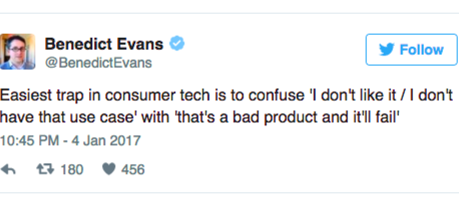 The Bad Product Fallacy: Don't confuse "I don't like it" with "That's a bad product and it'll fail" at andrewchen