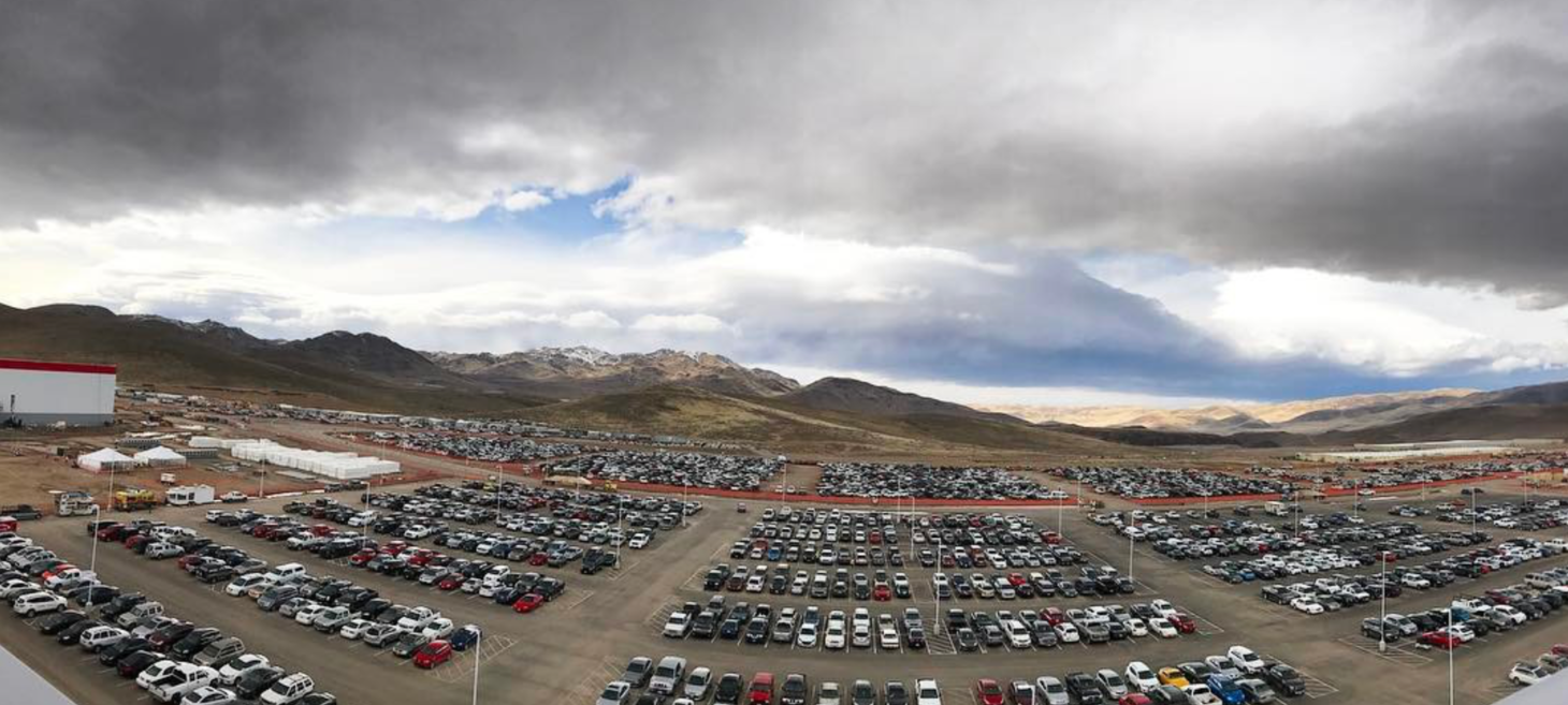 Gigafactory parking lot full of cars