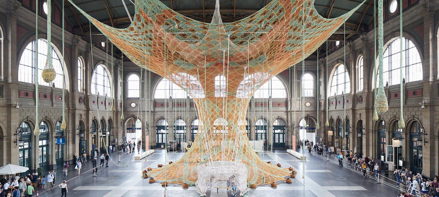 A 65-Foot Hand-Crocheted Tree Gives Visitors to Zurich's Train Station a Full Sensory Experience