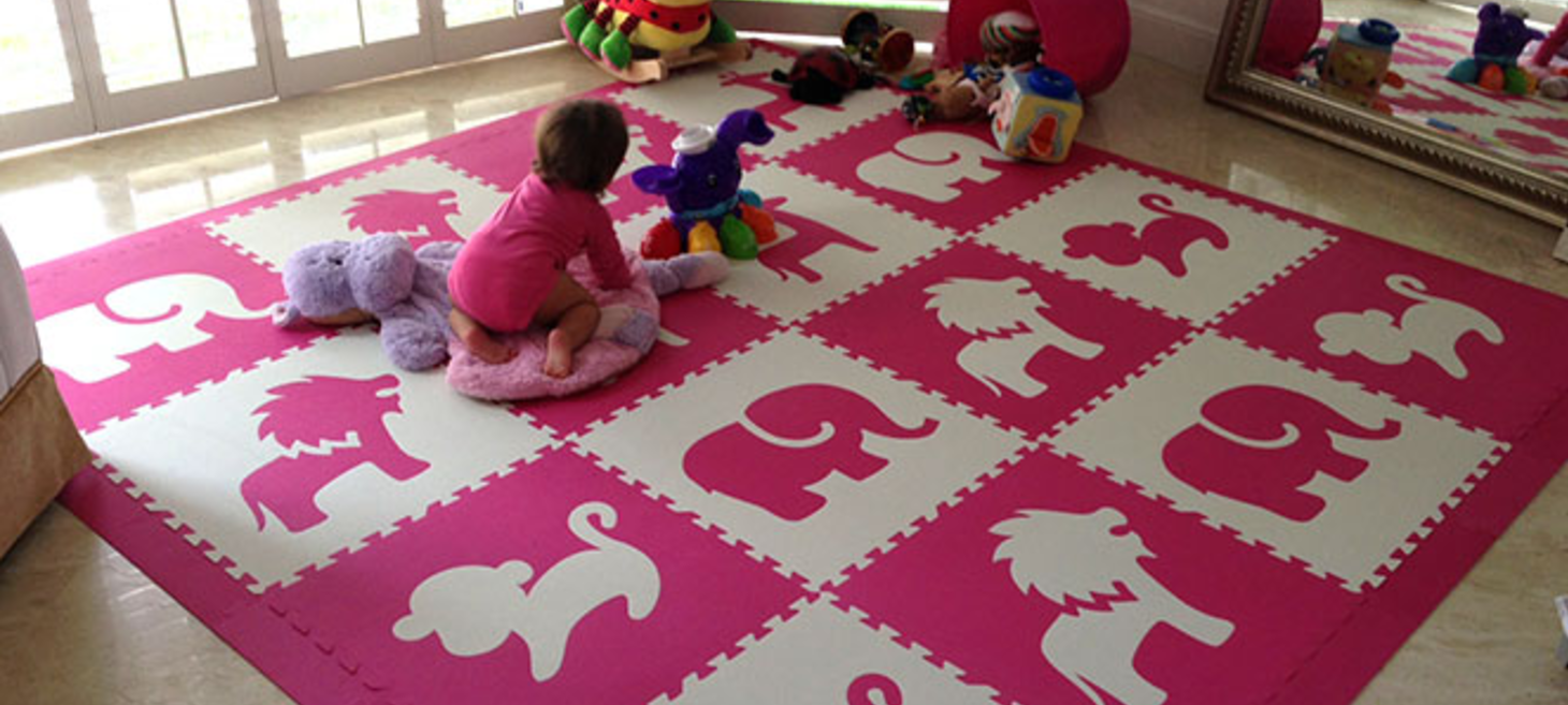 Girls Play Mats- Safari Animals Foam Mats in Pink and White
