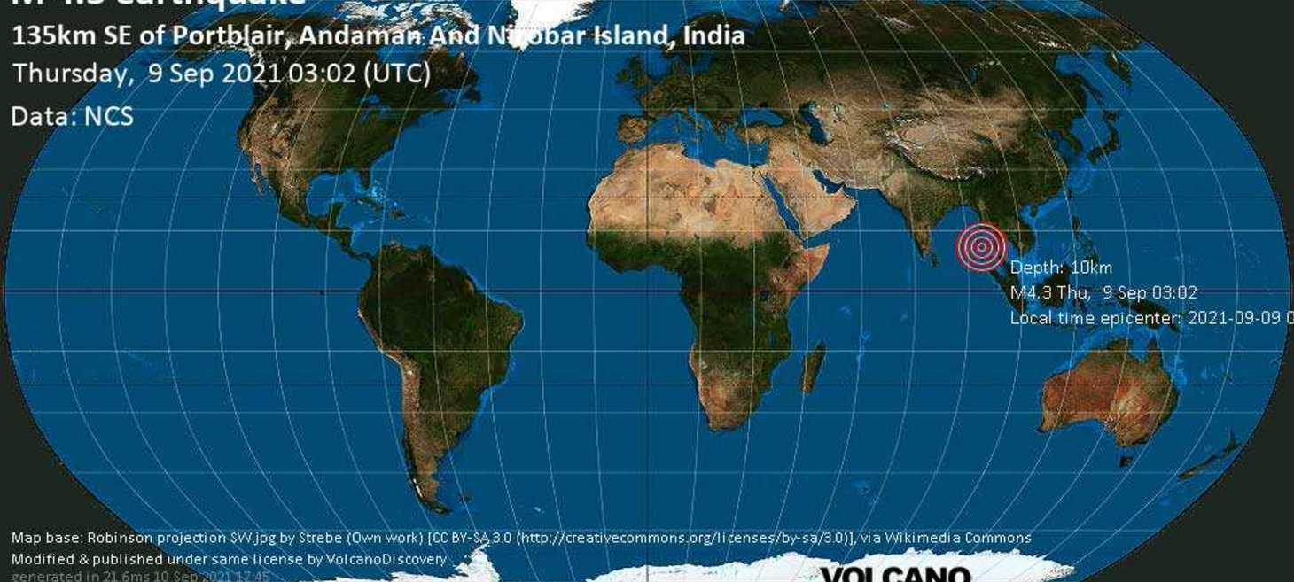 Quake info: Moderate mag. 4.3 earthquake - Burma Sea, 138 km southeast of Port Blair, India, on Thursday, Sep 9, 2021 8:32 am (GMT +5:30)