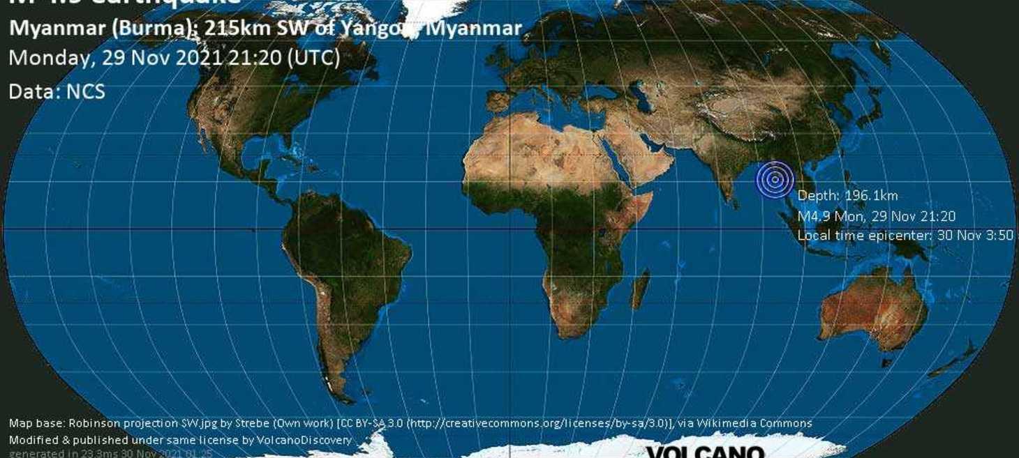 Quake info: Light mag. 4.9 earthquake - Andaman Sea, 147 km south of Pathein, Ayeyarwady Region, Myanmar (Burma), on Tuesday, Nov 30, 2021 3:50 am (GMT +6:30)