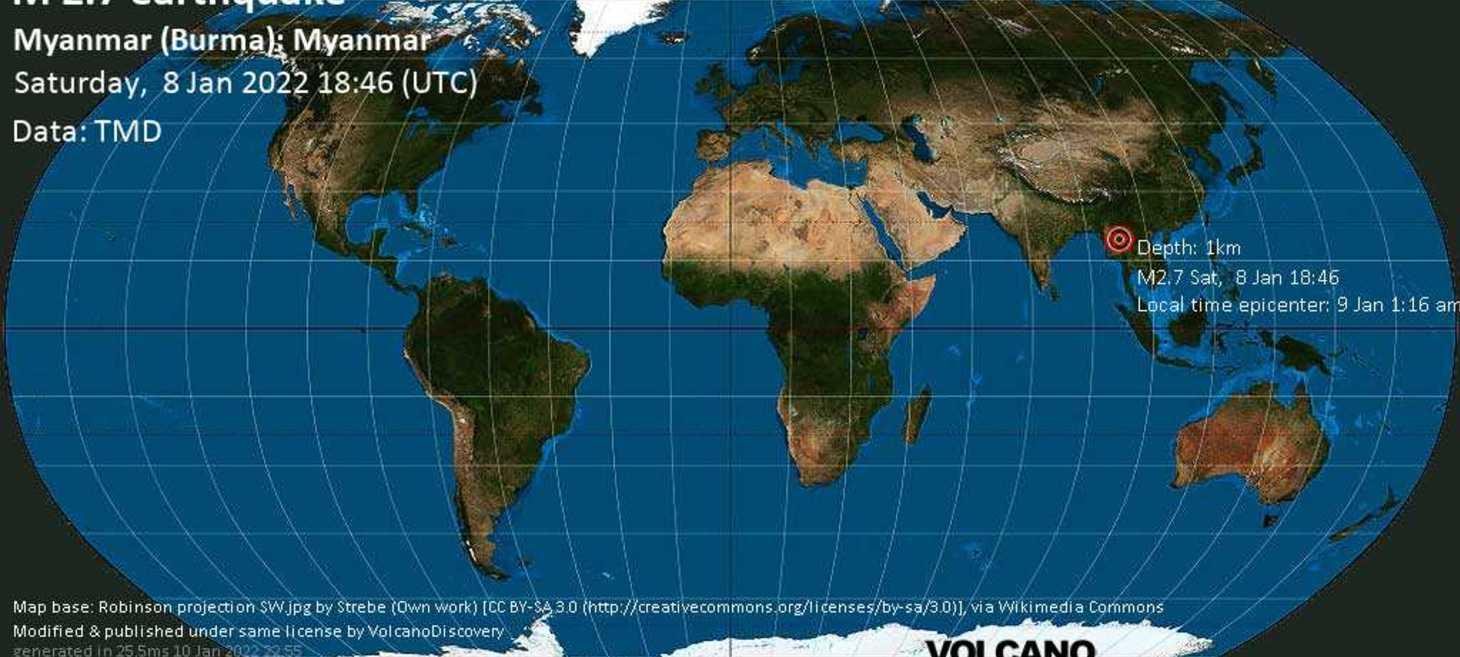 Quake info: Light mag. 2.7 earthquake - Loikaw District, Kayah State, 159 km east of Nay Pyi Taw, Myanmar (Burma), on Sunday, Jan 9, 2022 1:16 am (GMT +6:30)