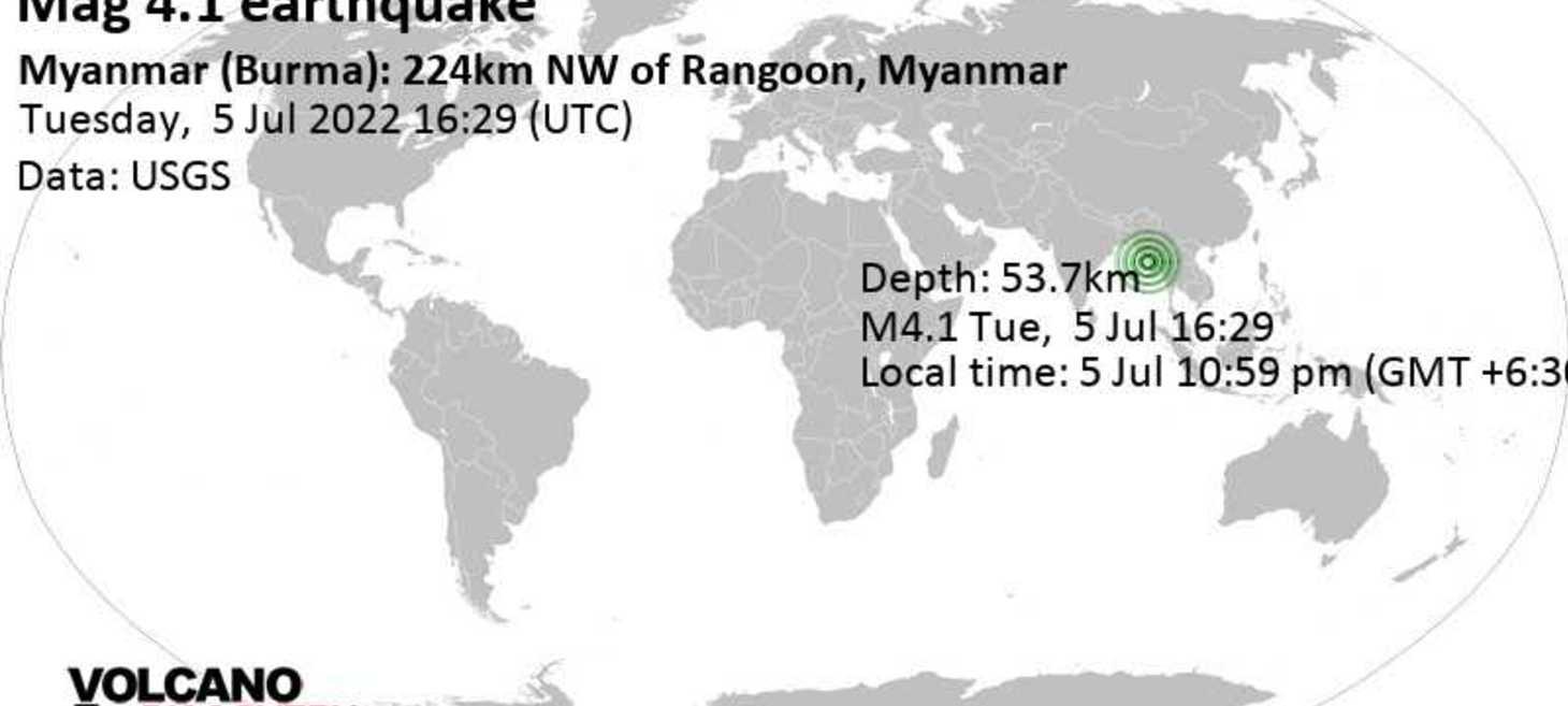 Quake info: Light mag. 4.1 earthquake - 61 km southwest of Prome, Pyay District, Bago Region, Myanmar (Burma), on Tuesday, Jul 5, 2022 at 10:59 pm (GMT +6:30)