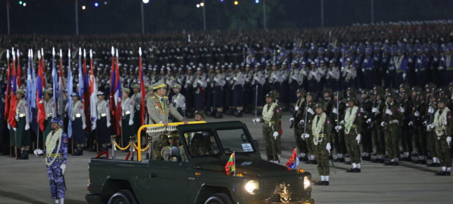 SAC Chairman Commander-in-Chief of Defence Services Senior General Thadoe Maha Thray Sithu Thadoe Thiri Thudhamma Min Aung Hlaing delivers speech at 79th Anniversary of Armed Forces Day parade
