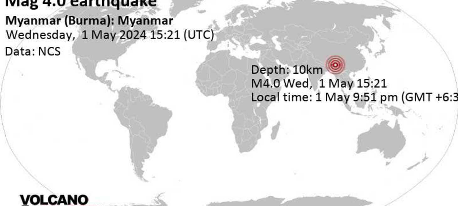 Moderate mag. 4.0 earthquake - Sagaing, Myanmar, on Wednesday, May 1, 2024, at 09:51 pm (Yangon time)