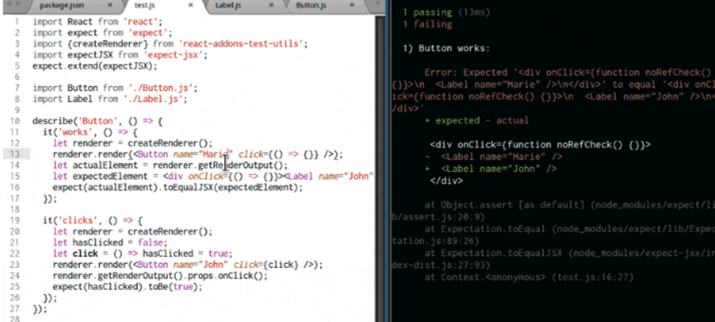 How we unit test React components using expect-jsx